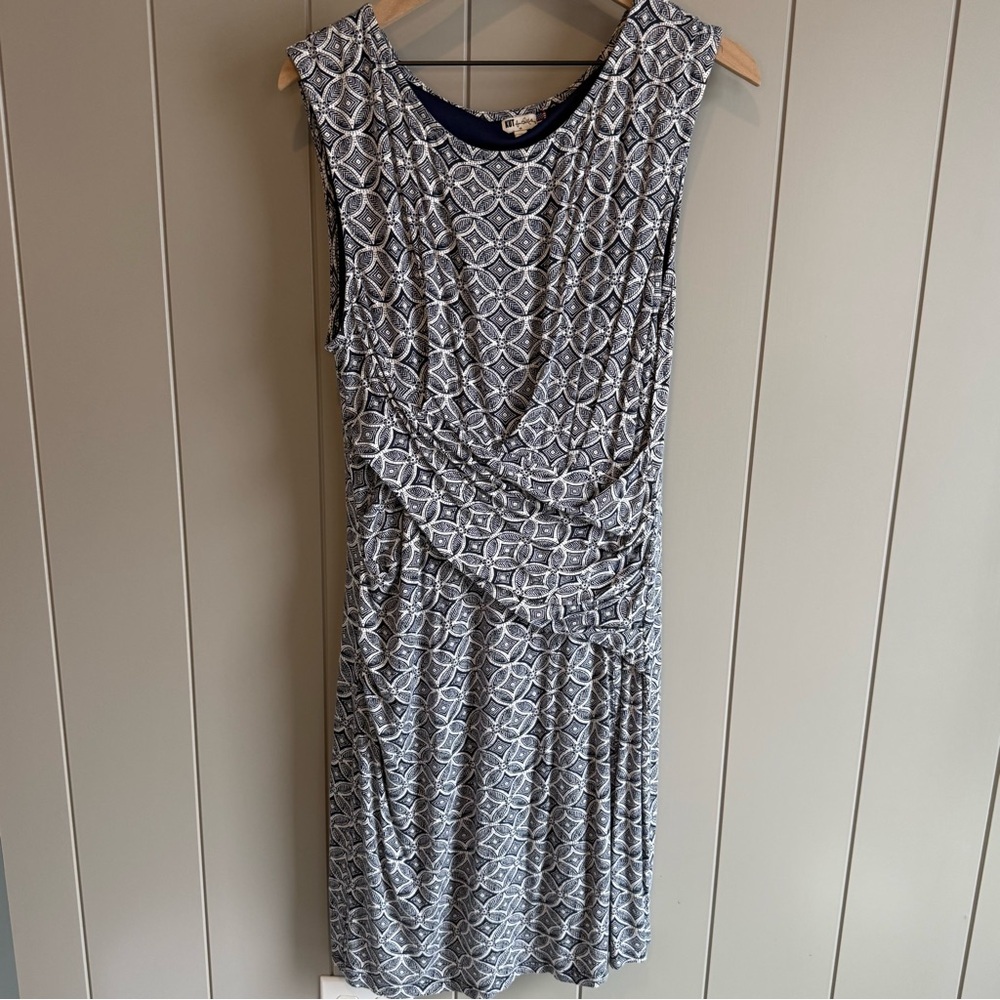 Kut From The Kloth Moller Knit Ruched Faux Wrap Dress 14 Blue & White Sleeveless - Picture 3 of 11